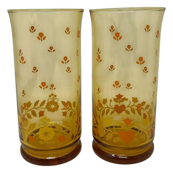 Set Of 2 Vintage Libbey Franco Amber Floral Glasses 1960s MCM Drinkware Retro - Picture 10 of 16